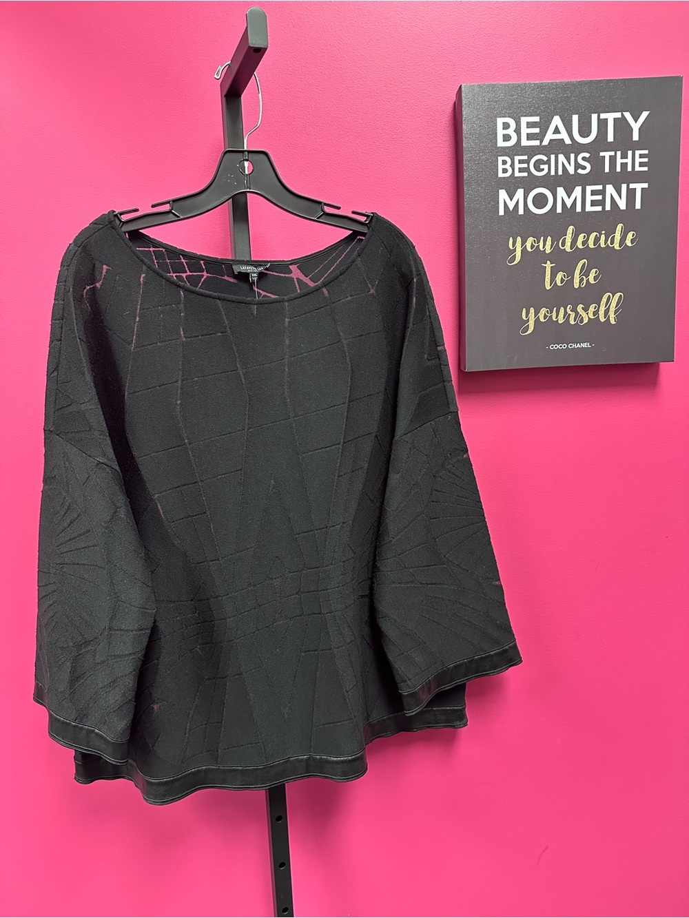 Lafayette 148 Black 🖤 “spider web” 🕸️ Textured Women's Swing Top w/ leather trim